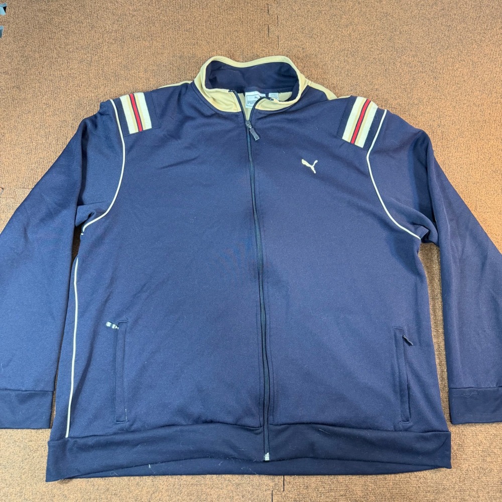 Puma Track Jacket Mens XXL Navy Blue Full Zip Striped Shoulder 501497 TMYGI